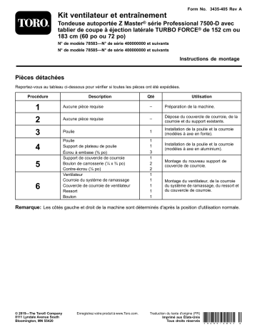 Guide d'installation | Toro Blower and Drive Kit, Z Master Professional 7500-D Series Riding Mower With 72in TURBO FORCE Side Discharge Mower Riding Product Manuel utilisateur | Fixfr