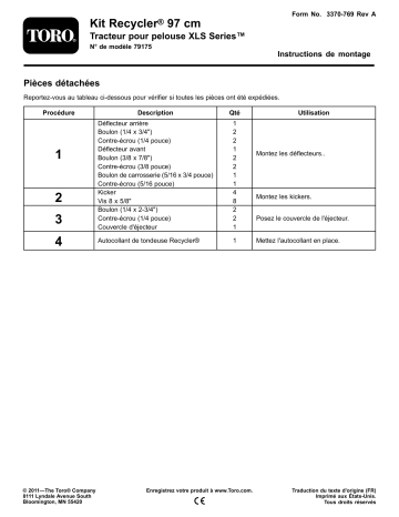 Guide d'installation | Toro 97cm Recycler Kit, XLS Series Lawn Tractor Attachment Manuel utilisateur | Fixfr
