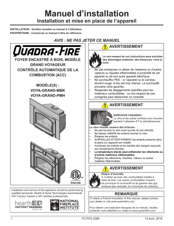 Installation manuel | Quadrafire Voyageur Grand Wood Insert Guide d'installation | Fixfr