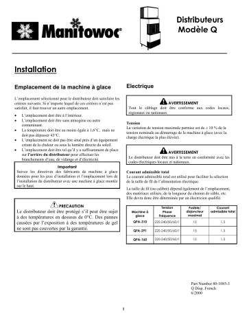 Installation manuel | Manitowoc Q Model Dispenser Guide d'installation | Fixfr