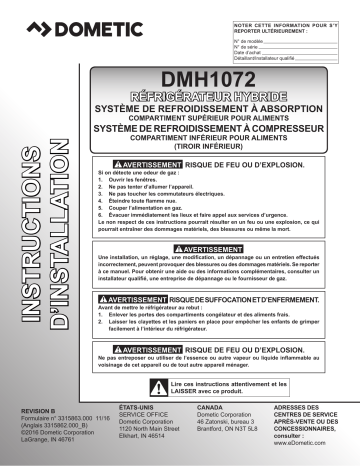 Installation manuel | Dometic DMH1072 Hybrid Refrigerator Guide d'installation | Fixfr