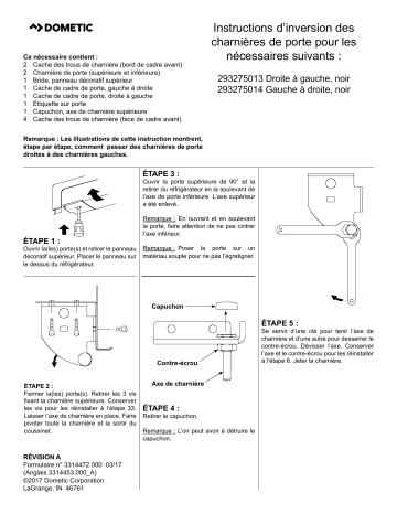 Installation manuel | Dometic Kits 293275013 Right To Left, Black 293275014 Left To Right, Black Door Hinge Reversing Kit Guide d'installation | Fixfr