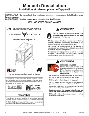 Installation manuel | Vermont Castings Aspen C3 Wood Burning Stove Guide d'installation | Fixfr