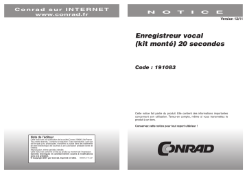 Mode d'emploi | Conrad Components 191083 Audio recording unit Component 9 V DC Recording Time 20 s Manuel utilisateur | Fixfr