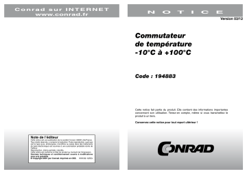 Mode d'emploi | Conrad Components 194883 Temperature switch Assembly kit 12 V DC -10 up to 100 °C Manuel utilisateur | Fixfr