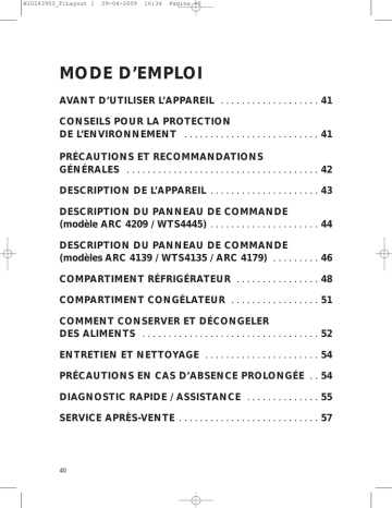 ARC 4139 | WTS4445 A+NFW | ARC 4209 IX AQUA | Mode d'emploi | Whirlpool WTS4445 A+NFX Manuel utilisateur | Fixfr