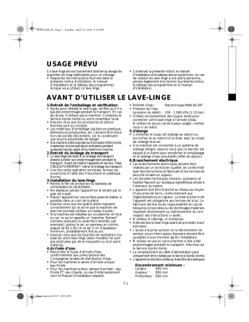 PWF 1726 | PWF 1766 | PWF 1645 | PWF 1746 | Mode d'emploi | Whirlpool PWF 1625 Manuel utilisateur | Fixfr