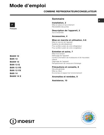 BAAN 12 (FR) | BAN 13 VS (FR) | BAN 13 VX (FR) | BAN 13 G (FR) (1) | BAN 14 X (FR) | BAN 14 (FR) | Mode d'emploi | Indesit BAN 13 V (FR) Manuel utilisateur | Fixfr