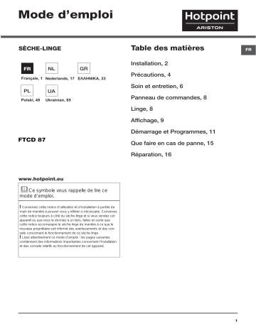 Mode d'emploi | Whirlpool FTCD 87 B 6K (EU) Manuel utilisateur | Fixfr