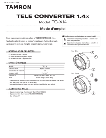 Tamron TC-X14 TELE CONVERTER 1.4x Manuel utilisateur | Fixfr