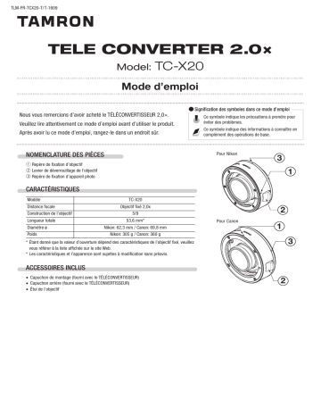 Tamron TC-X20 TELE CONVERTER 2.0x Manuel utilisateur | Fixfr