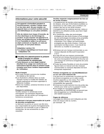 NVGS200EG | Mode d'emploi | Panasonic NVGS120EG Operating instrustions | Fixfr