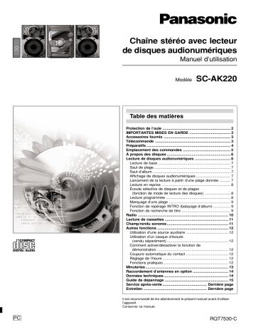 Mode d'emploi | Panasonic SCAK220 Operating instrustions | Fixfr