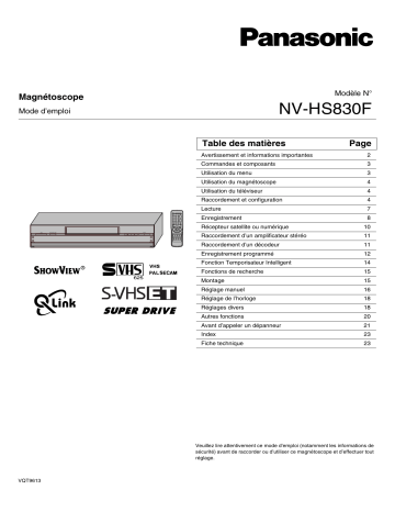 Mode d'emploi | Panasonic MVHS830F Operating instrustions | Fixfr