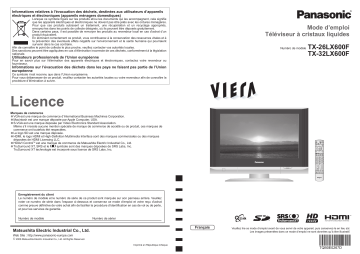 TX32LX600F | Mode d'emploi | Panasonic TX26LX600F Operating instrustions | Fixfr