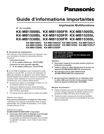 KXMB1530JT | KXMB1530SL | KXMB1530SP | KXMB1530FR | KXMB1530G | KXMB1530BL | Mode d'emploi | Panasonic KXMB1530NL Operating instrustions | Fixfr