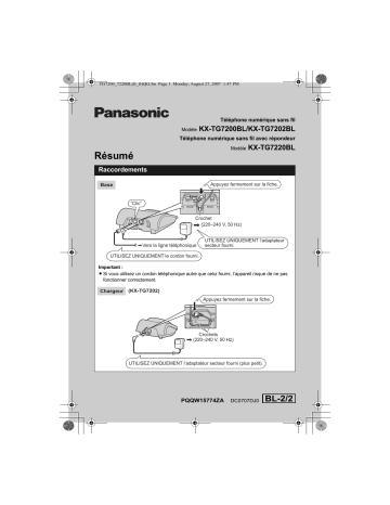 KXTG7202BL | KXTG7220BL | Mode d'emploi | Panasonic KXTG7200BL Operating instrustions | Fixfr