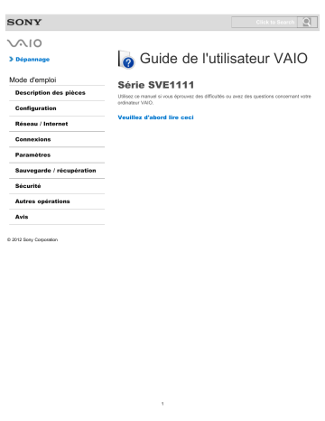 SVE11115FDB | SVE11115FDW | Mode d'emploi | Sony SVE11115FDP Operating instrustions | Fixfr