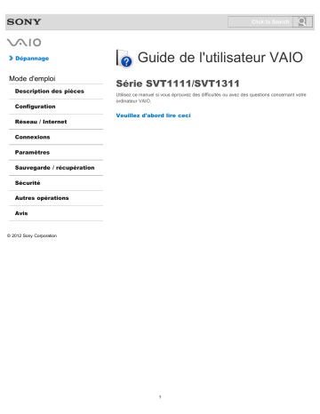SVT13115FDS | SVT111190S | SVT11115FDS | Mode d'emploi | Sony SVT131190S Operating instrustions | Fixfr