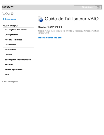 Mode d'emploi | Sony SVZ131190S Operating instrustions | Fixfr