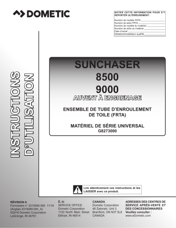 Mode d'emploi | Dometic Sunchaser 8500 9500 Geared Awning Manuel utilisateur | Fixfr