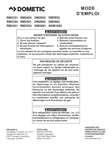 Mode d'emploi | Dometic RM2351 RM2354 RM2451 RM2454 RM2551 RM2554 DM2652 DM2662 DM2663  DM2852 DM2862 NDM1062 Refrigerator Manuel utilisateur | Fixfr