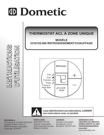 Mode d'emploi | Dometic 3316155.000 Cool, Furnace Single Zone LCD Thermostat Manuel utilisateur | Fixfr