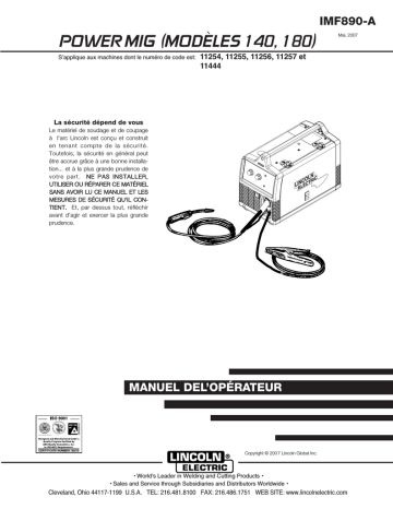 POWER MIG 180 | SAE AC | AC-1200 | Auto Innershield Gun 500A | Mode d'emploi | Lincoln Electric POWER MIG 140T  w Magnum 100L gun- 11254 Manuel utilisateur | Fixfr