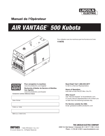 Mode d'emploi | Lincoln Electric Air Vantage 500 (Kubota) - 11924 Manuel utilisateur | Fixfr