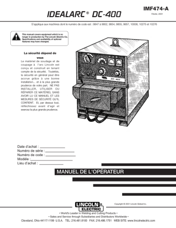 Mode d'emploi | Lincoln Electric DC-400 - 9847 Manuel utilisateur | Fixfr