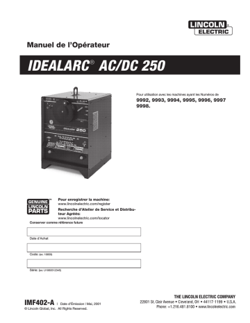 Mode d'emploi | Lincoln Electric Idealarc 250 AC/DC - 9738 Manuel utilisateur | Fixfr