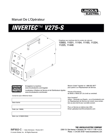 Invertec V275-S Rack | Mode d'emploi | Lincoln Electric Invertec V275-S - 11446 Manuel utilisateur | Fixfr