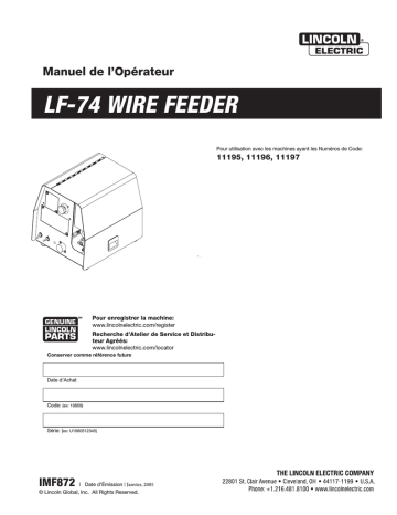 LF-72 | Mode d'emploi | Lincoln Electric LF-74  (Base Model) - 11712 Manuel utilisateur | Fixfr