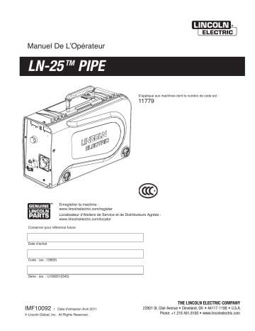 Mode d'emploi | Lincoln Electric LN-25 Pipe, CCC - 11779 Manuel utilisateur | Fixfr