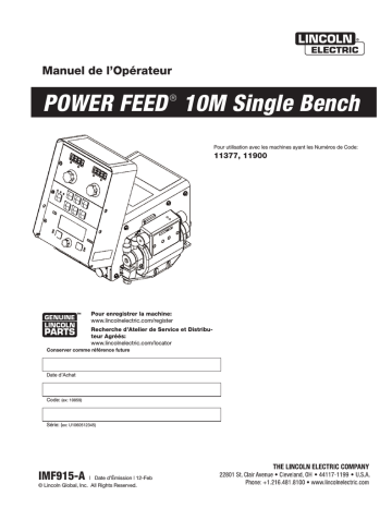 Power Feed 10M | Mode d'emploi | Lincoln Electric Power Feed 10 SINGLE  (Bench) - 11377 Manuel utilisateur | Fixfr
