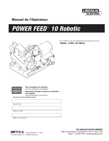 Mode d'emploi | Lincoln Electric Power Feed 10 Robotic - 10944 Manuel utilisateur | Fixfr