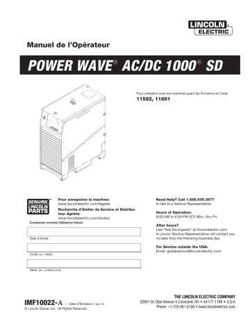Power Wave AC/DC 1000 SD | Mode d'emploi | Lincoln Electric Power Wave AC/DC 1000 - 11881 Manuel utilisateur | Fixfr
