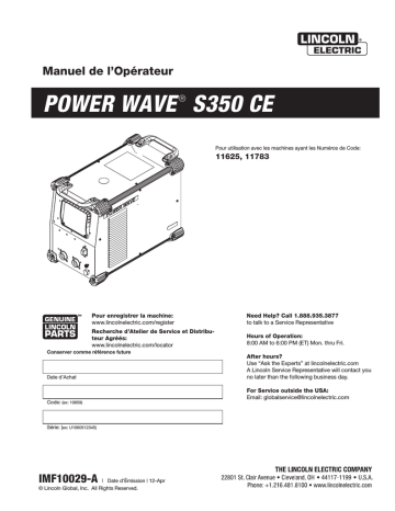 Mode d'emploi | Lincoln Electric Power Wave S350 (CE) - 11783 Manuel utilisateur | Fixfr