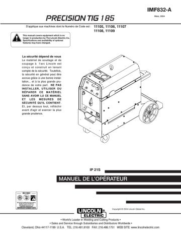 Mode d'emploi | Lincoln Electric Precision TIG 185 - 11106 Manuel utilisateur | Fixfr