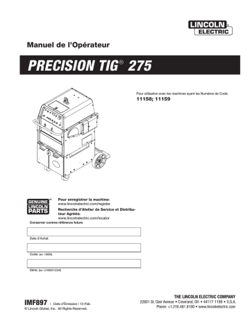 Mode d'emploi | Lincoln Electric Precision TIG 275 - 11158 Manuel utilisateur | Fixfr