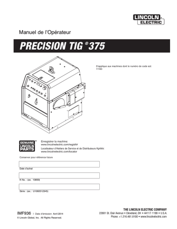 Mode d'emploi | Lincoln Electric Precision TIG 375 - 11163 Manuel utilisateur | Fixfr