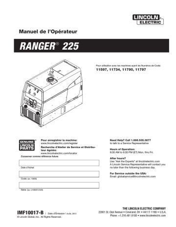Mode d'emploi | Lincoln Electric Ranger 225 - 11790 Manuel utilisateur | Fixfr