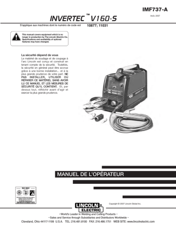 Mode d'emploi | Lincoln Electric Invertec V160-S - 11031 Manuel utilisateur | Fixfr