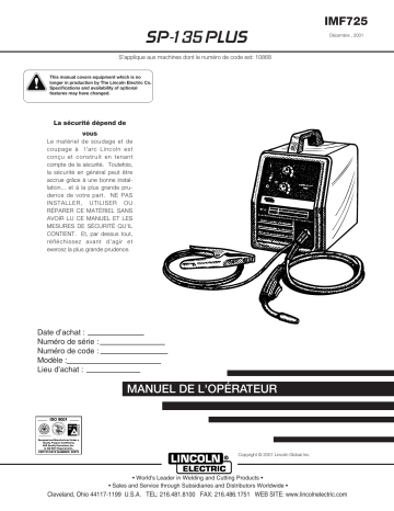 Mode d'emploi | Lincoln Electric SP135 Plus - 10868 Manuel utilisateur | Fixfr