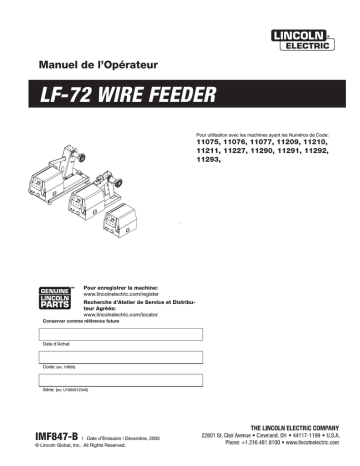 Mode d'emploi | Lincoln Electric LF-72 (Bench HD) - 11077 Manuel utilisateur | Fixfr