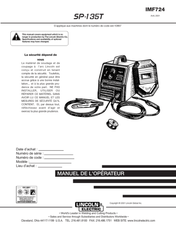 SP135-T | Mode d'emploi | Lincoln Electric SP135T - 10867 Manuel utilisateur | Fixfr