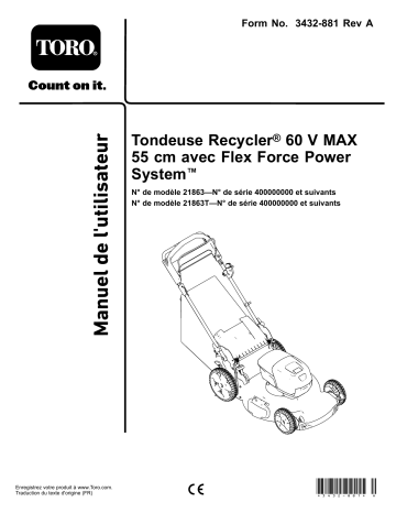 Toro Flex-Force Power System 60V MAX 55cm Recycler Lawn Mower Walk Behind Mower Manuel utilisateur | Fixfr
