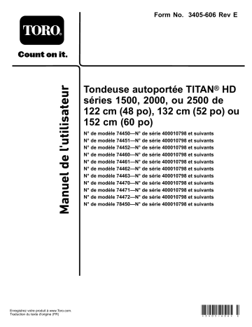 52in TITAN HD 2000 Series Riding Mower | 52in TITAN HD 2500 Series Riding Mower | 60in TITAN HD 1500 Series Riding Mower | 48in TITAN HD 2500 Series Riding Mower | 60in TITAN HD 2000 Series Riding Mower | Toro 52in TITAN HD 1500 Series Riding Mower Riding Product Manuel utilisateur | Fixfr