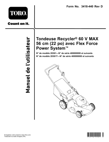 Toro Flex-Force Power System 60V MAX 22in Recycler Lawn Mower Walk Behind Mower Manuel utilisateur | Fixfr