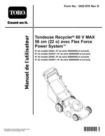 Toro Flex-Force Power System 60V MAX 22in Recycler Lawn Mower Walk Behind Mower Manuel utilisateur | Fixfr